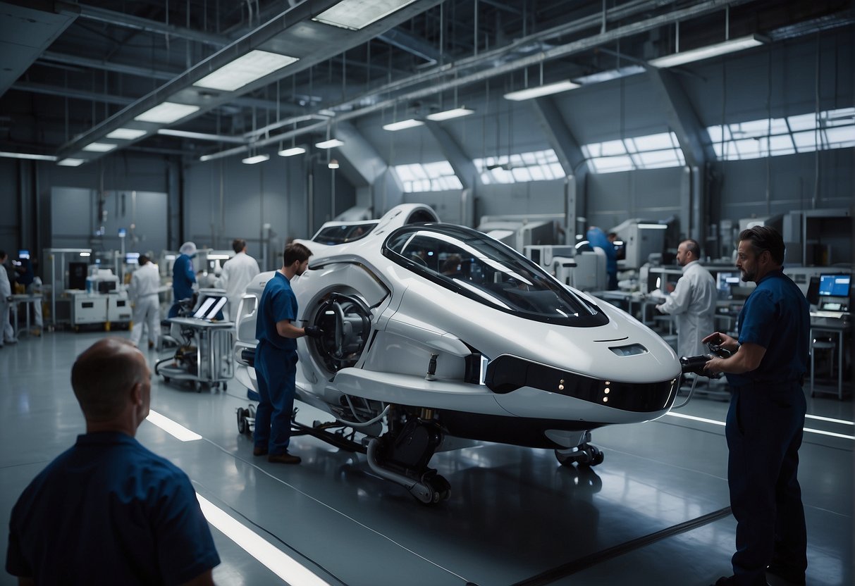 Suppliers assemble space tourism vehicles in a high-tech facility, surrounded by cutting-edge equipment and materials. A team of engineers and technicians work together to craft the ultimate tourist experience