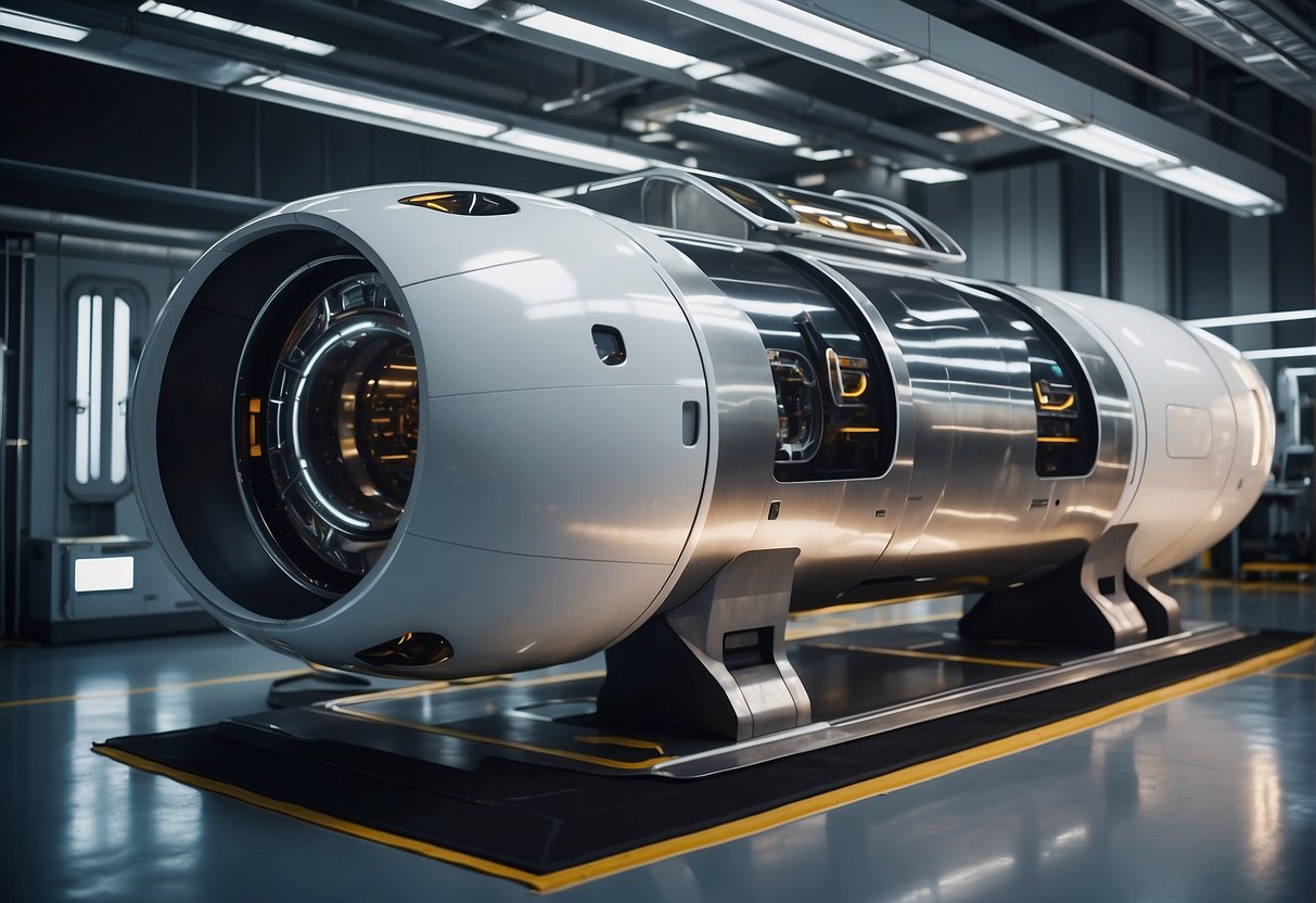 Suppliers design and assemble space tourism vehicles in a high-tech facility, showcasing precision engineering and futuristic aesthetics