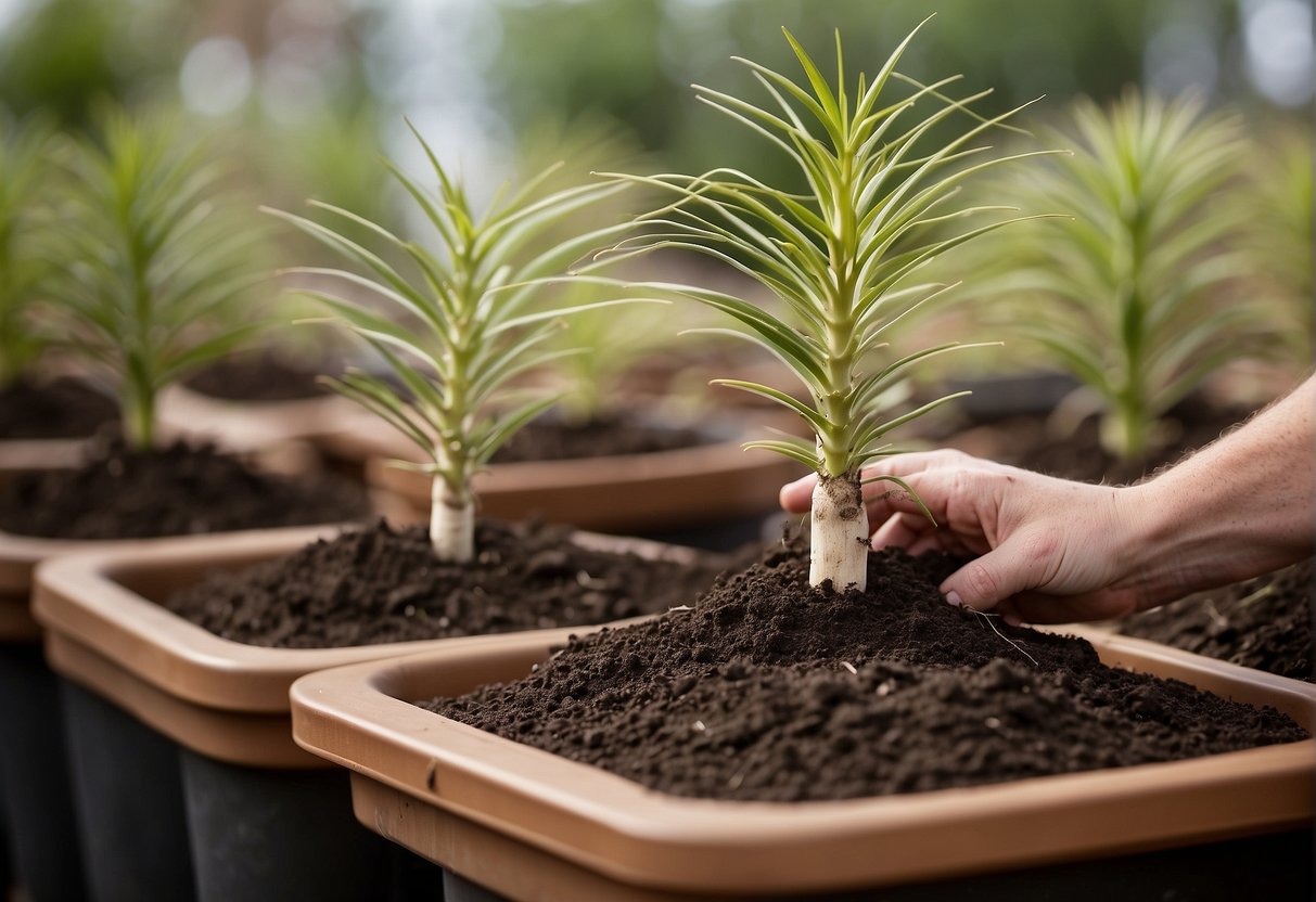 Large yucca plants are being carefully uprooted and placed into new, spacious pots filled with fresh soil. The plants are being gently positioned and secured in their new homes, ready for transplanting