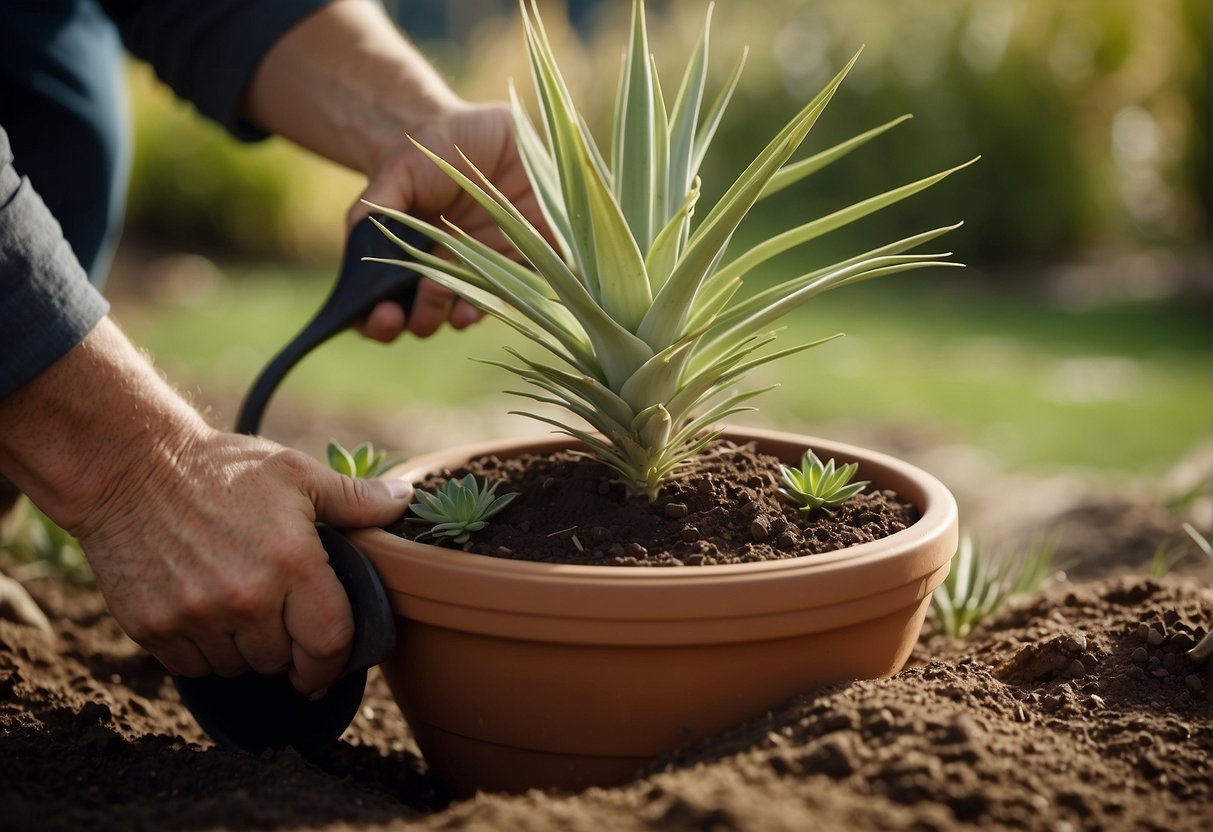 A gardener carefully digs around the base of a large yucca plant, gently lifting it from the ground and placing it into a new, spacious pot filled with fresh soil