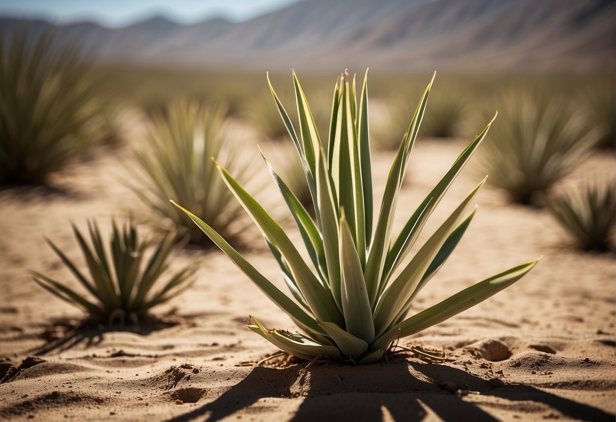 A yucca plant sprouts from the dry desert soil, its long, sword-like leaves reaching towards the bright sun, showing signs of slow and steady growth