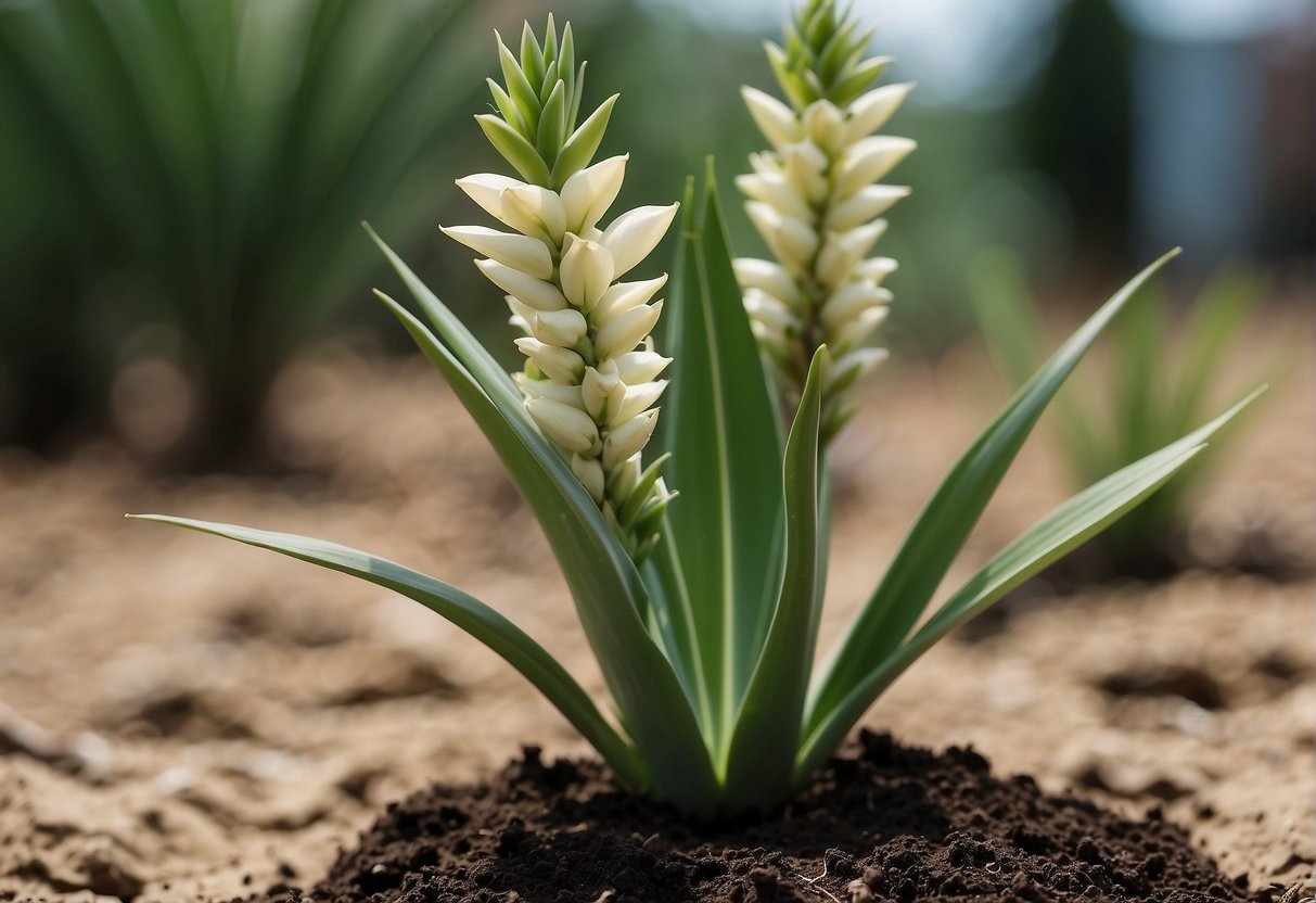Yucca plant sprouts from soil, grows tall with green leaves, and blooms white flowers after several years
