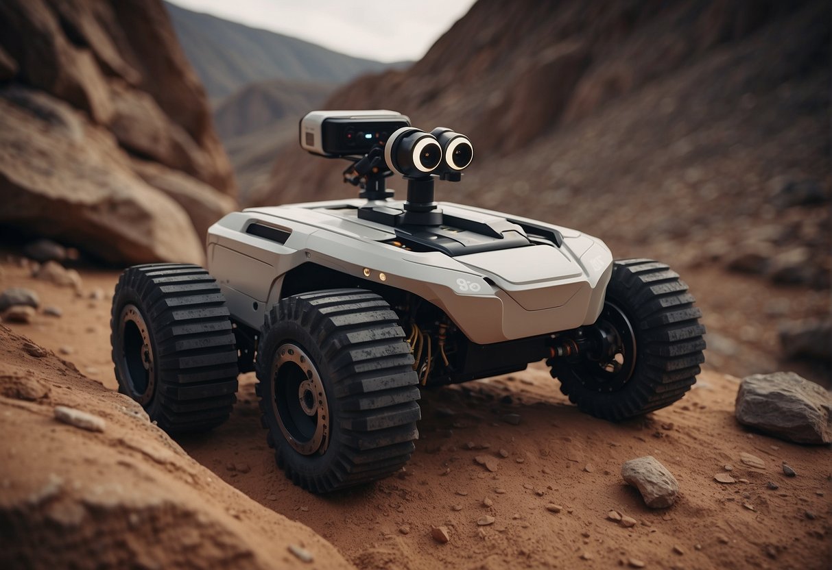 Robotic rovers maneuvering on a rugged, rocky terrain, with advanced sensors and tools in hand, while automated helpers assist in performing tasks