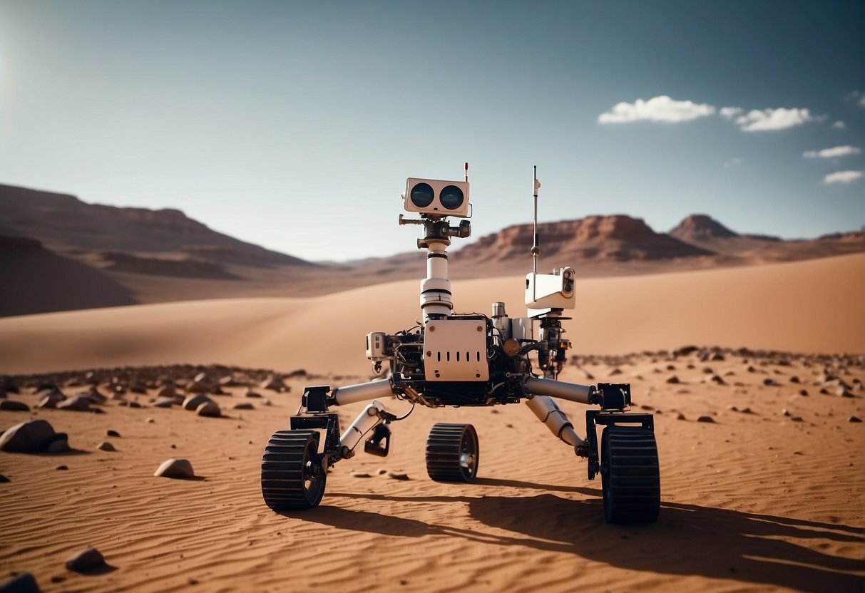 Robotic arms assemble intricate parts on a Mars rover, while another robot autonomously navigates rough terrain. A satellite orbits above, transmitting data to Earth