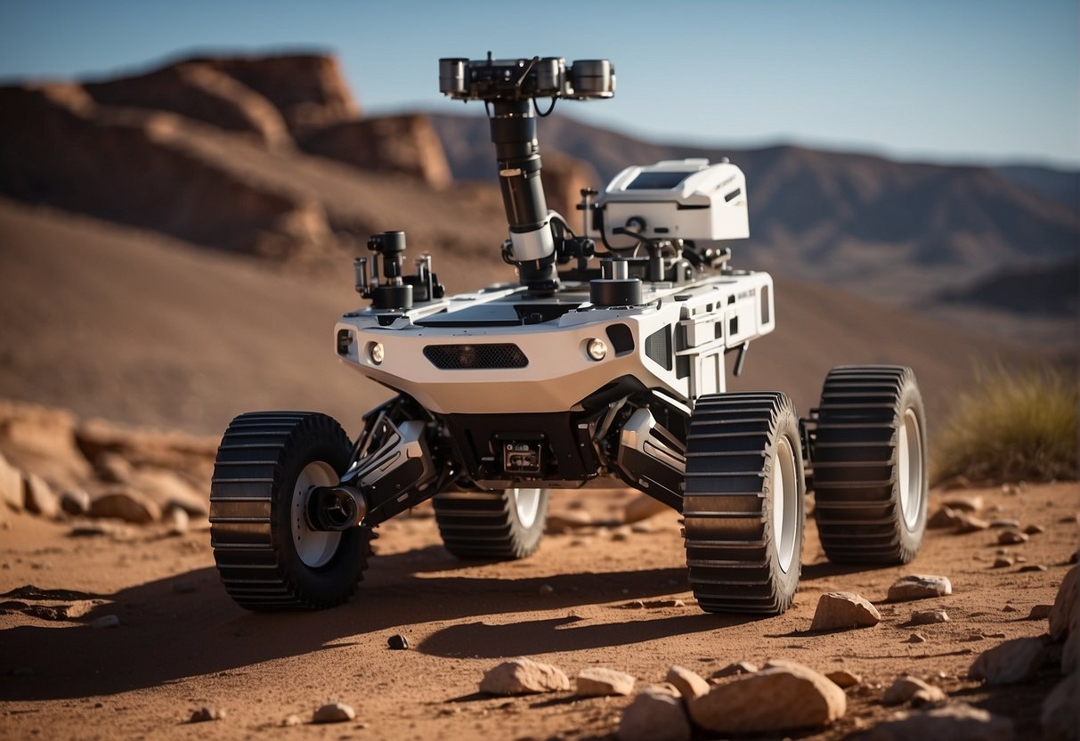 A rover navigates rugged terrain, its robotic arm extended to collect samples. Other automated helpers work in the background, assisting with various tasks