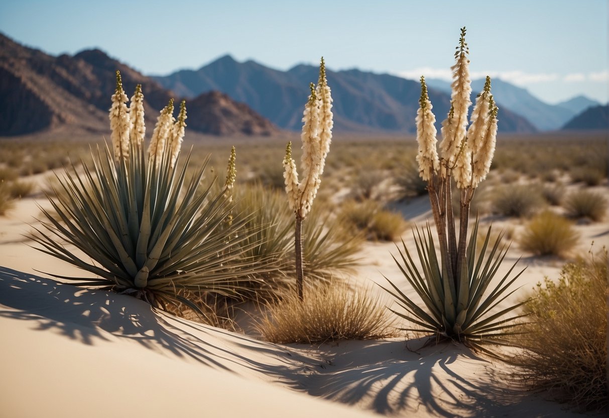 A desert landscape with several yucca plants standing tall against a clear blue sky. Sand dunes and sparse vegetation surround the area