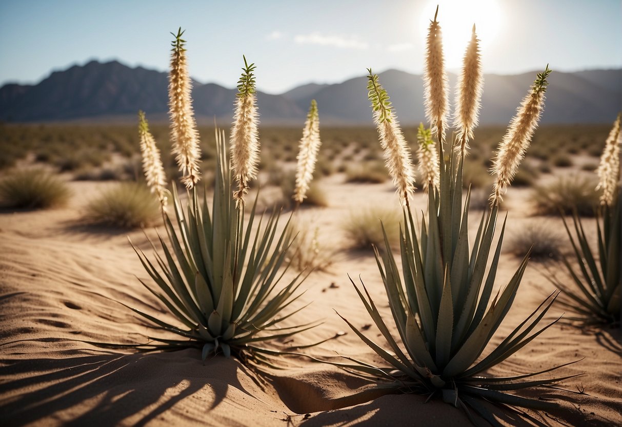 Yucca plants thrive in a desert landscape, surrounded by dry, sandy soil and sparse vegetation. The sun beats down on their tall, spiky leaves, while small animals seek shelter underneath