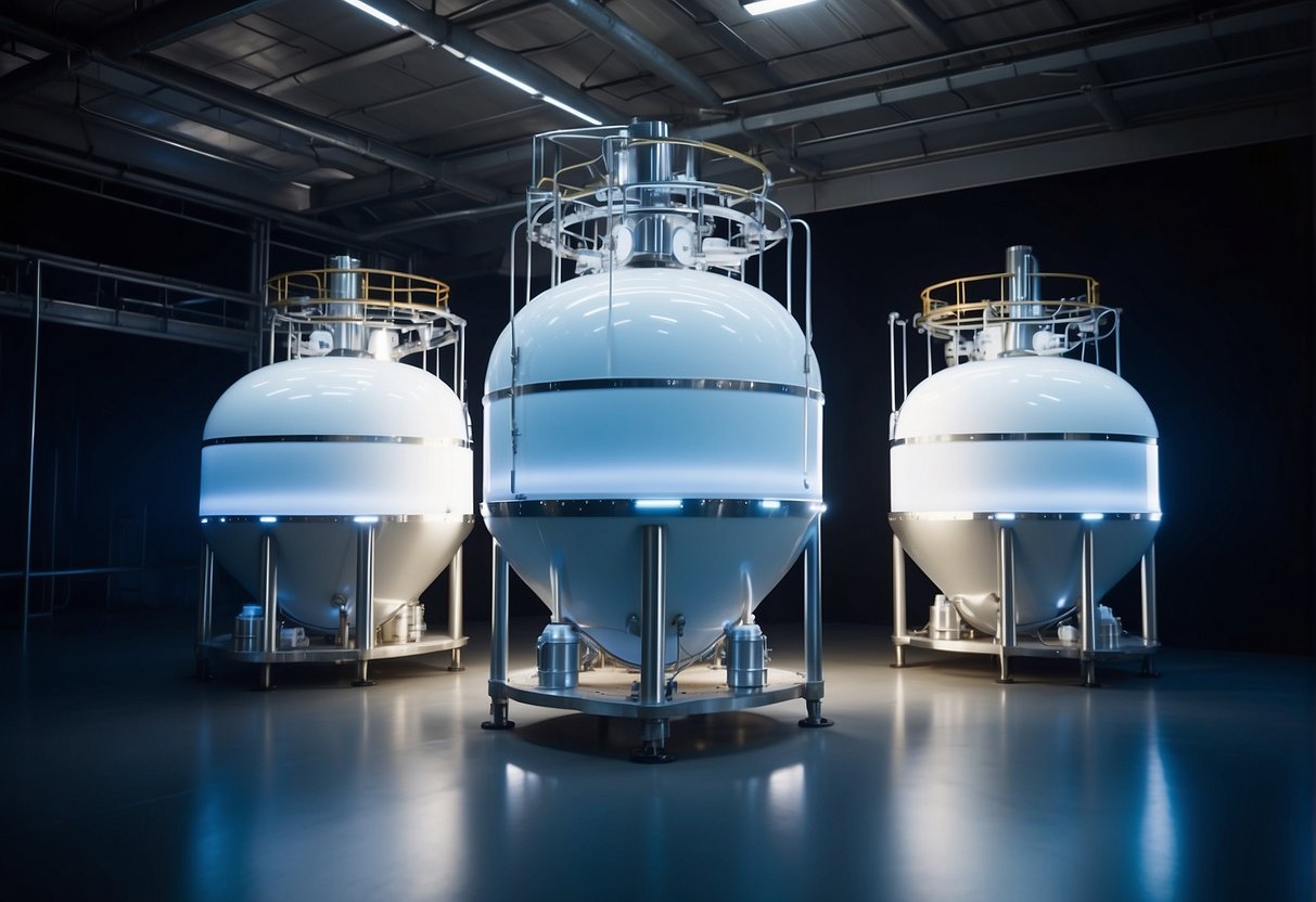 Cryogenic storage tanks float in the vacuum of space, emitting a soft blue glow as they keep their contents at ultra-low temperatures