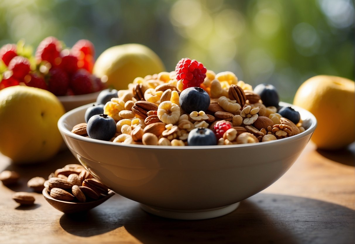A bowl of 7 grain cereal sits on a wooden table, surrounded by a variety of fresh fruits and nuts. Sunlight streams through a nearby window, casting a warm glow on the scene