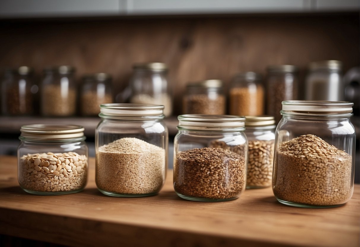 A hand reaches for a variety of grains in glass jars, including oats, quinoa, and flax seeds, laid out on a wooden countertop