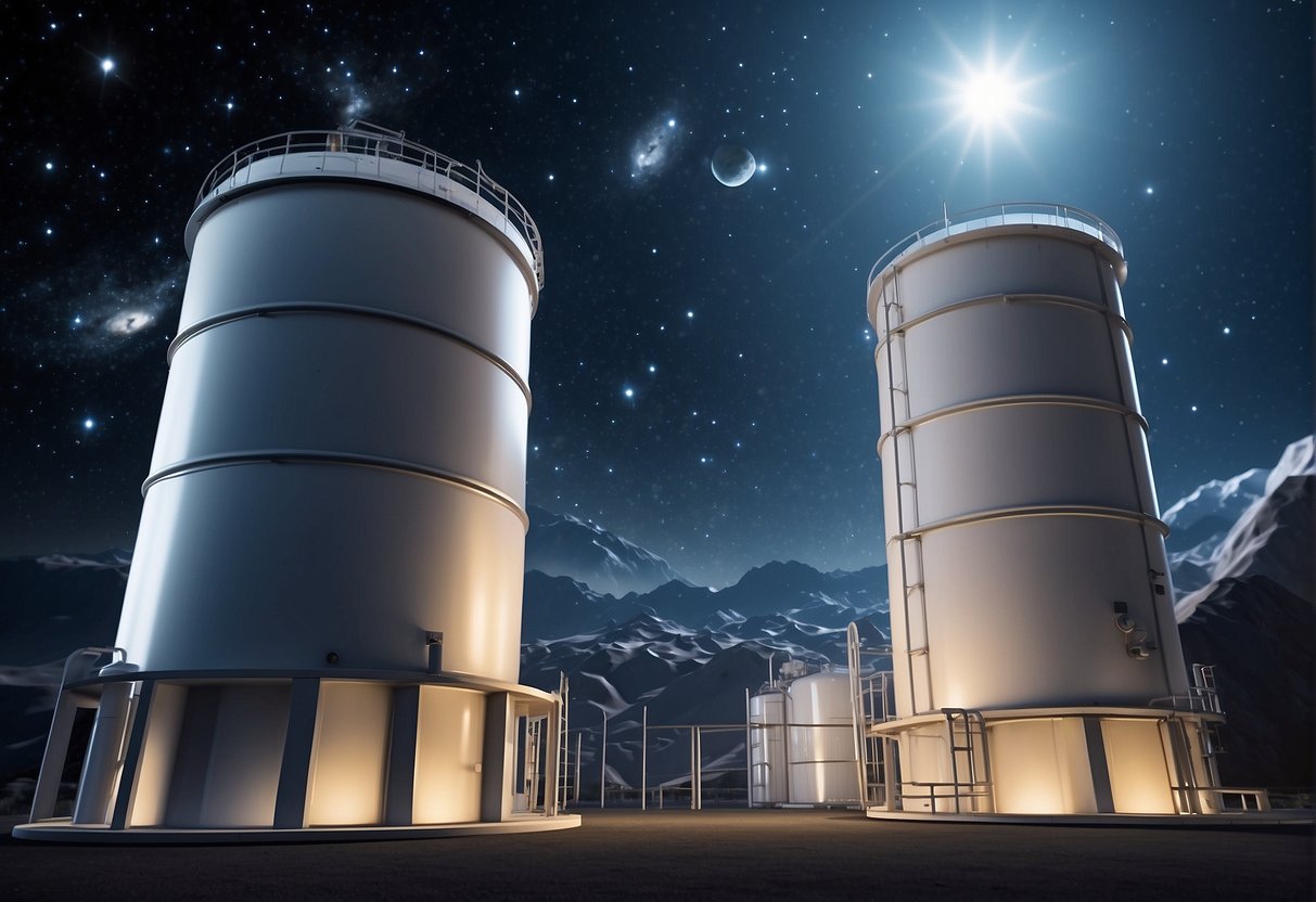 Cryogenic storage tanks floating in space, with celestial bodies in the background. Suppliers maintaining cool temperatures