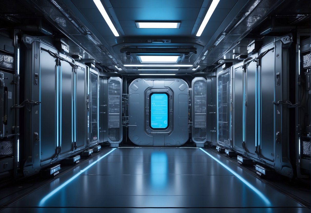 A spacecraft cargo bay filled with cryogenic storage containers, emitting a faint blue glow, surrounded by advanced cooling systems and labeled with supplier logos