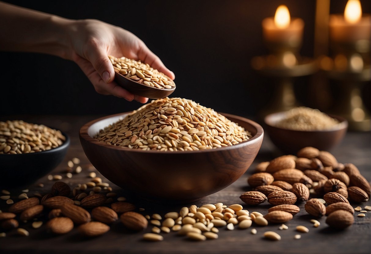 A hand pours a mixture of seven grains into a bowl. Various toppings like nuts, seeds, and dried fruits are arranged nearby for customization