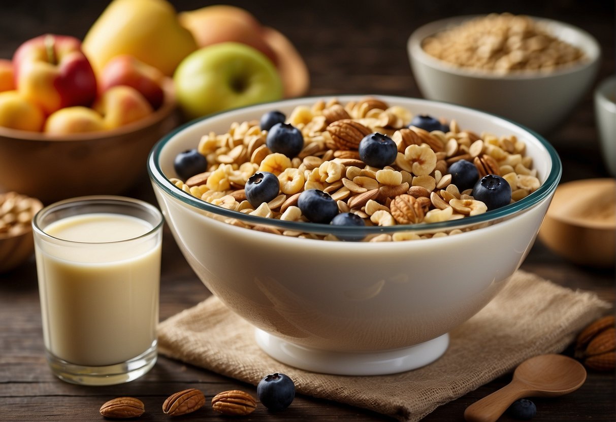 A bowl of 7 grain cereal with various grains and nuts, surrounded by fresh fruits and a glass of milk, with a label displaying nutritional information and benefits