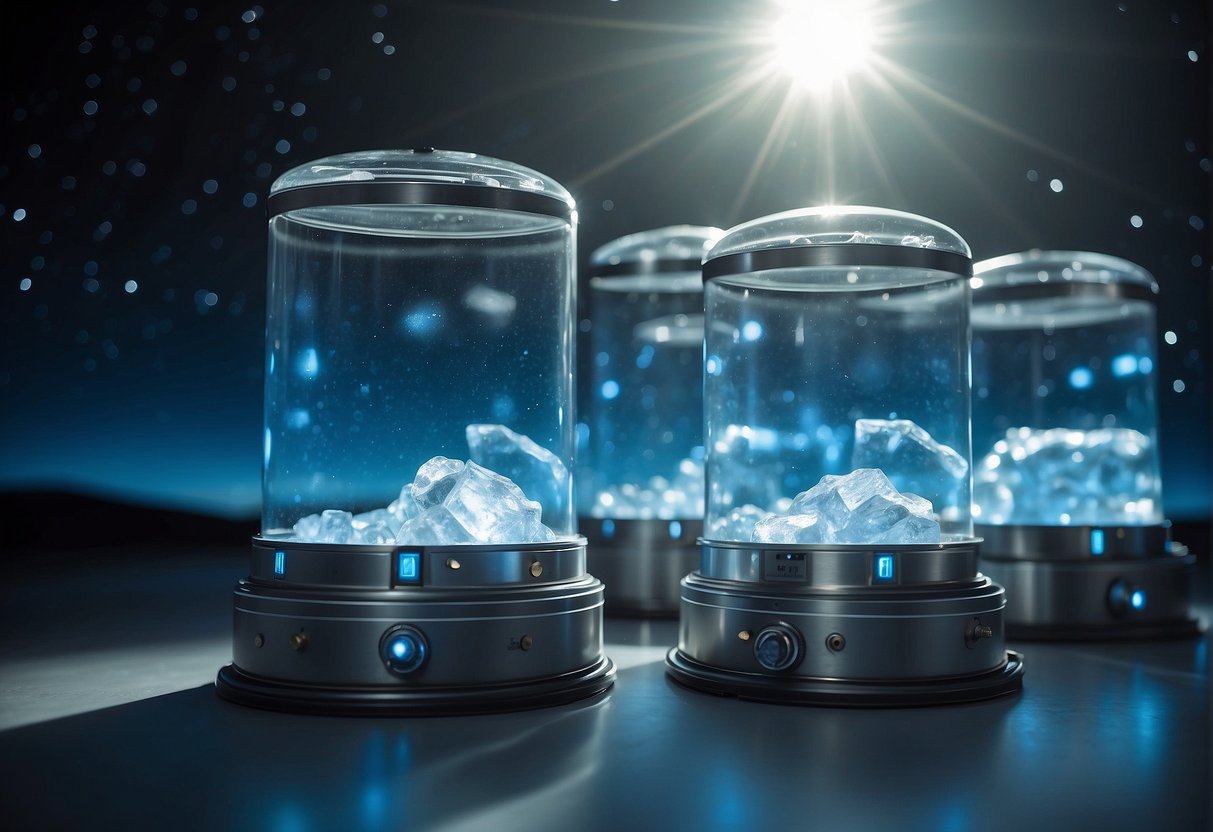 Cryogenic tanks float in the vastness of space, emitting a soft blue glow as they keep their contents at ultra-low temperatures. The sun's rays reflect off their metallic surfaces, creating a mesmerizing sight against the backdrop of the cosmos