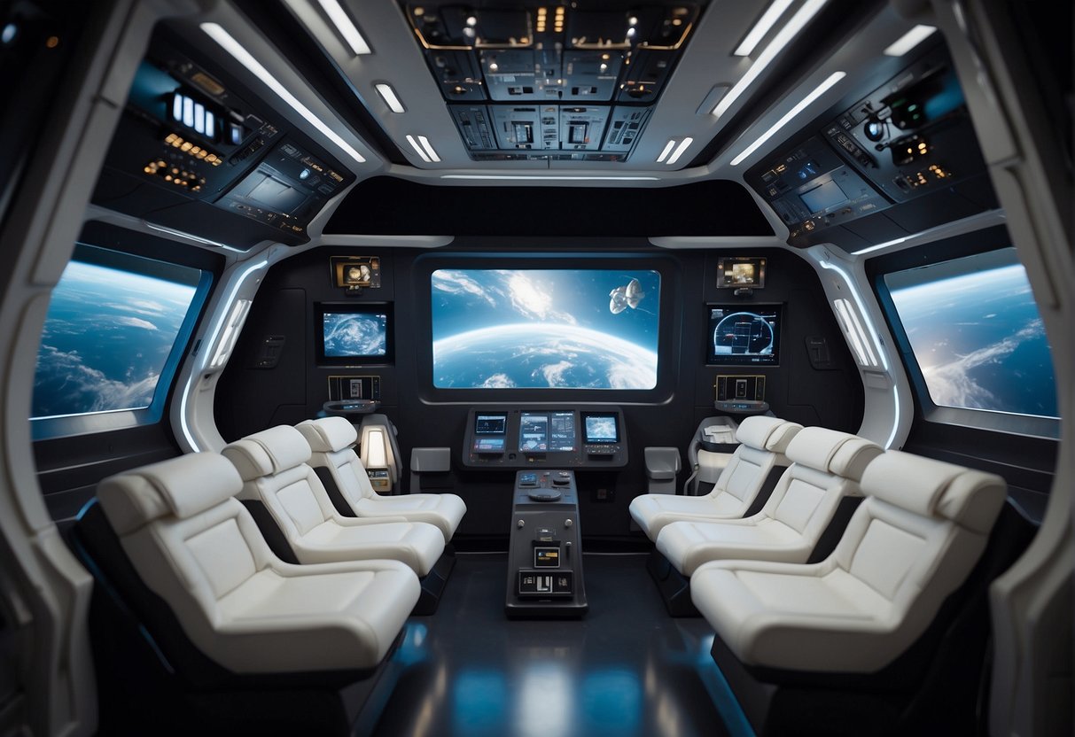 A sleek, high-tech spacecraft interior with advanced life support systems and futuristic equipment keeping astronauts alive in space