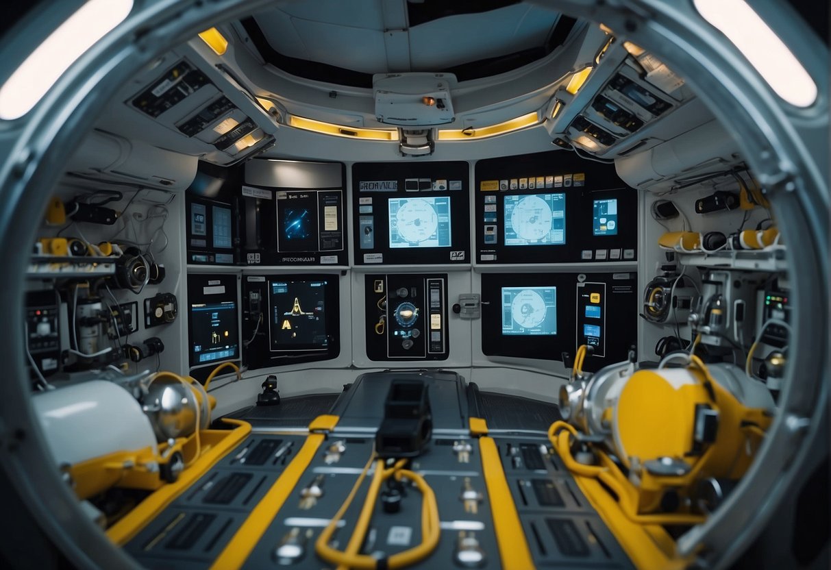 A spacecraft life support system with various components, including oxygen tanks, water filtration systems, and temperature control units, all working together to keep astronauts alive in space
