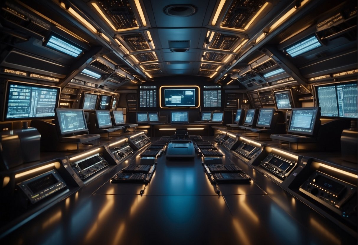 An array of advanced computing units arranged in a spacecraft, with wires connecting them to various systems. The units are labeled with the suppliers of the onboard intelligence