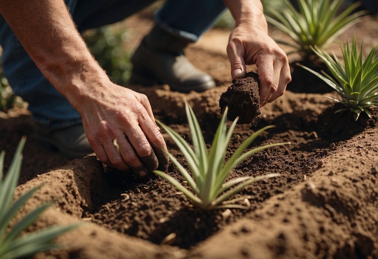 Yucca plants being repotted into well-draining soil, with a gardener's hands gently tamping down the soil around the roots