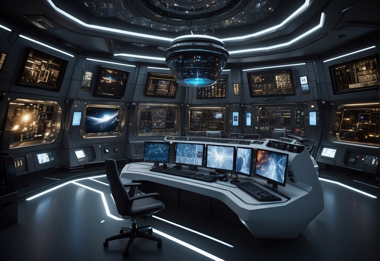 Advanced computing components arranged in a futuristic space station, with intricate circuitry and sleek design, symbolizing the suppliers of onboard intelligence for space missions