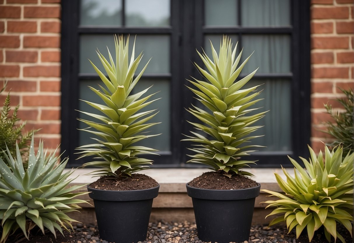 Three yucca plants arranged in a small window front garden, with varying heights and colors, creating a visually appealing and low-maintenance landscape