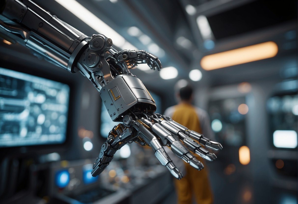 In a futuristic space station, robotic arms assemble advanced technology in zero gravity. Earth looms in the background, highlighting the impact of off-world manufacturing on human society