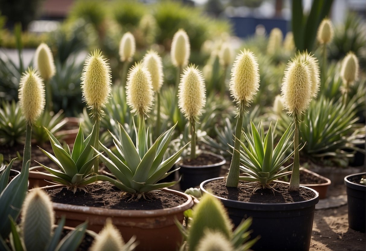 Different types of yucca plants displayed at a local nursery. Signs advertise the sale of yucca plants nearby