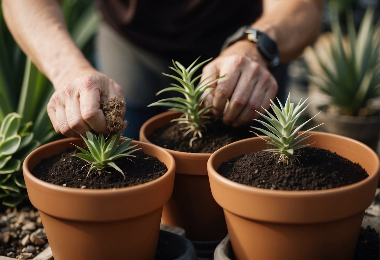 A pair of hands gently repotting a yucca plant into a new pot, surrounded by bags of soil and gardening tools