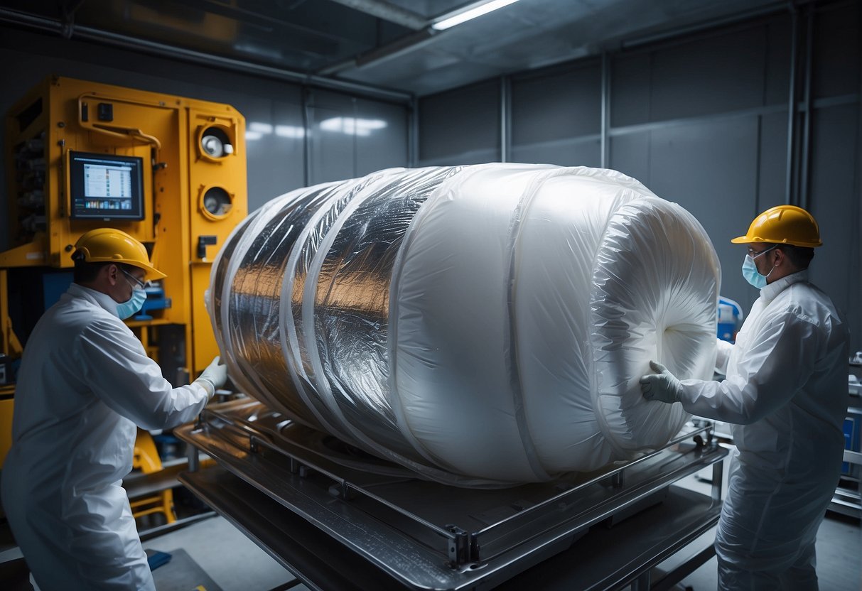A spacecraft being carefully wrapped in layers of high-tech insulation material, with providers working to keep extreme temperatures at bay
