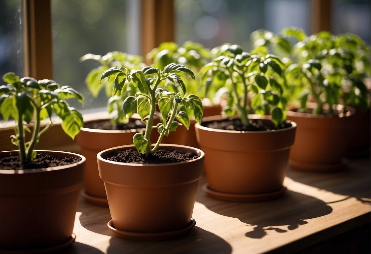 Tomato plants in pots on a sunny windowsill. Mulch and water regularly. Use grow lights for extra warmth. Keep away from drafts