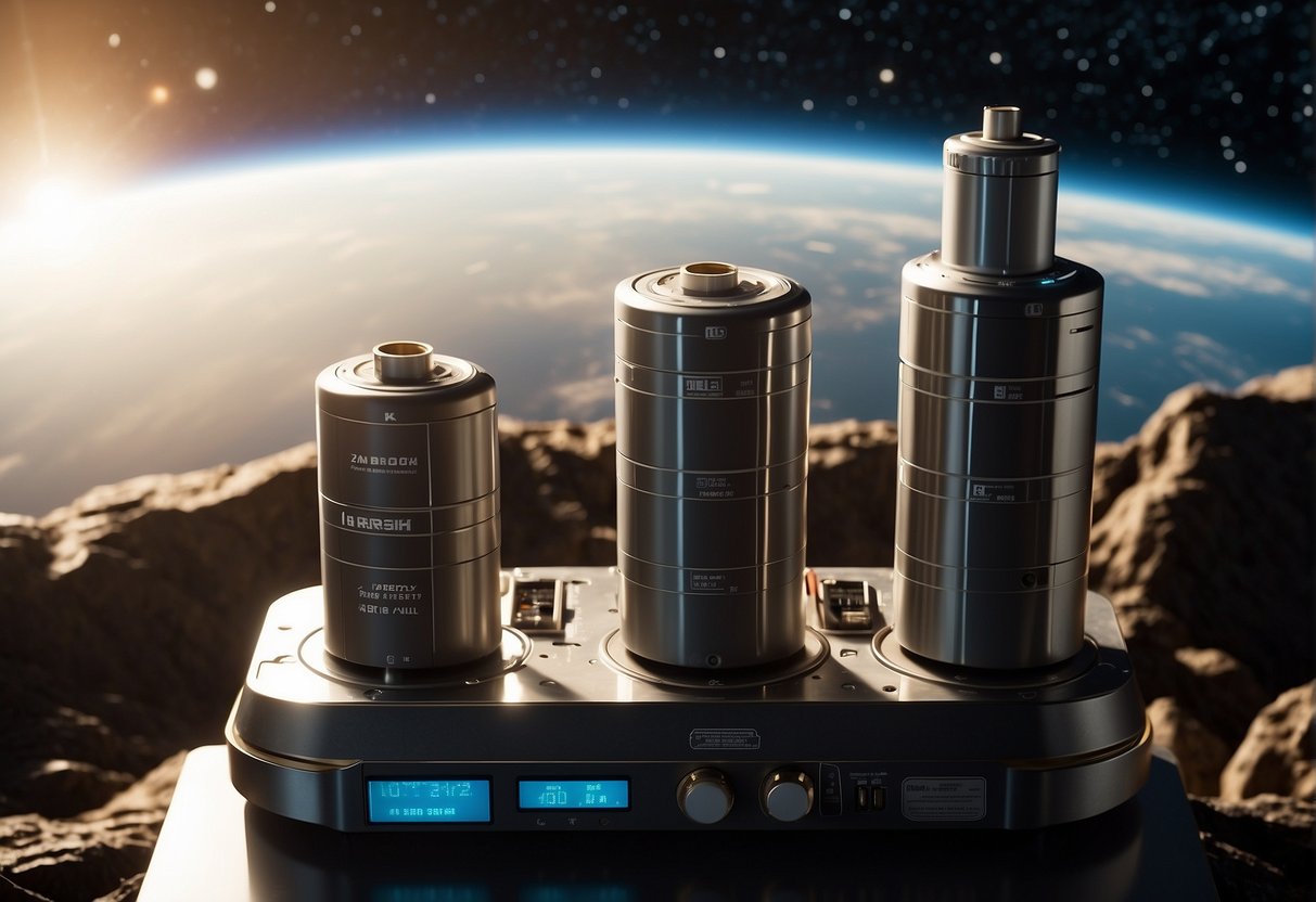The Powerhouses - A spacecraft battery and power supply stand side by side, gleaming in the sunlight, surrounded by a backdrop of stars and planets