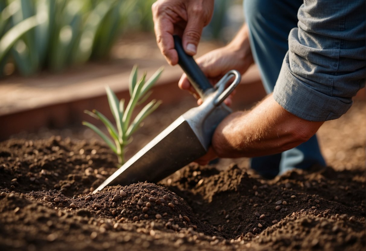 A hand trowel digs into soil, planting torrey yucca seeds. Watering can nearby, sunlight filters through window
