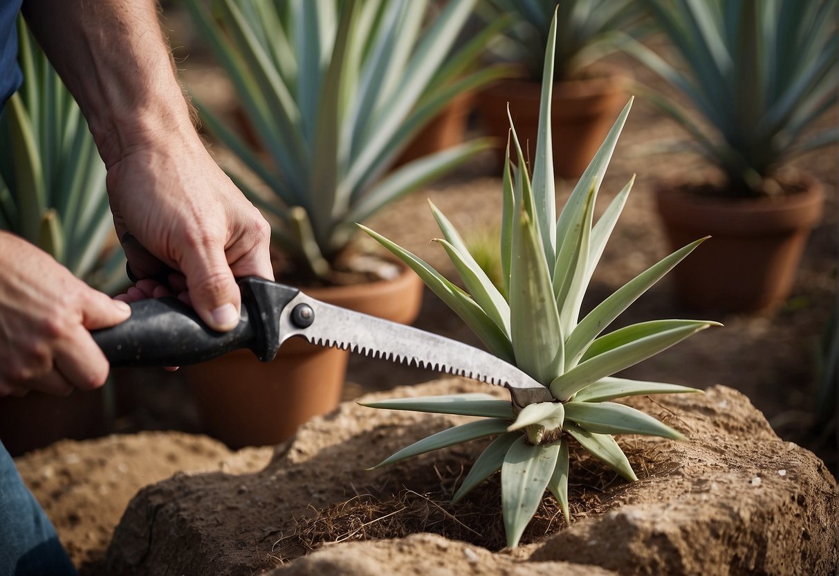 Yucca plant being pruned with shears, removing excess growth to maintain its shape and health