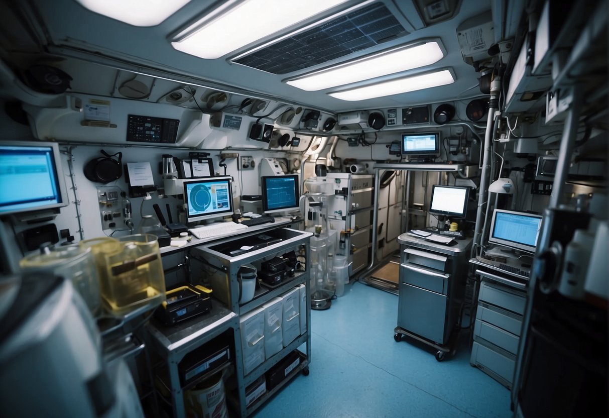 Chemicals float in zero gravity, labeled containers and scientific instruments fill the space station lab, while analytical tools are used for experiments
