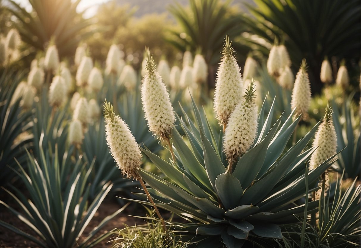 Yucca plants add height and texture to the garden, with their long, sword-like leaves and tall, spiky flowers
