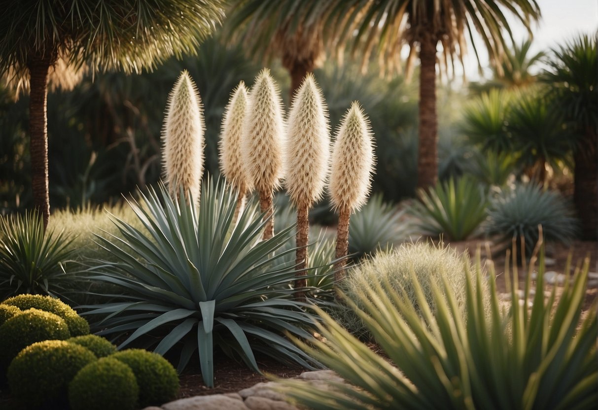 A well-maintained garden with yucca plants adding texture and height, creating a balanced and visually appealing landscape