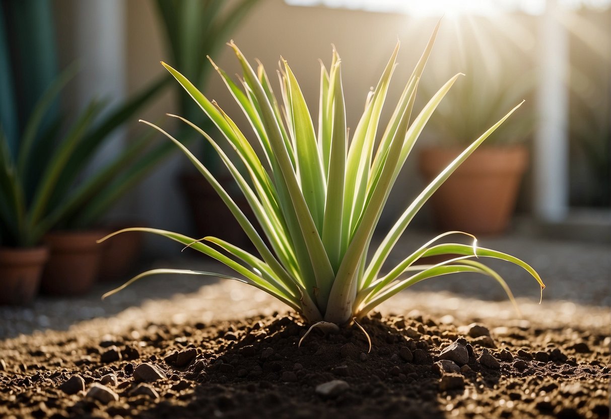 A yucca plant sits in a sunny room, surrounded by well-draining soil. Its tall, sword-shaped leaves reach towards the light, while the soil is kept consistently moist but not waterlogged
