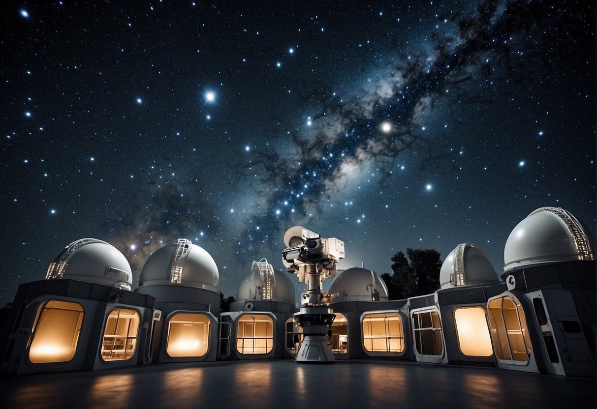 A cluster of space optics companies and agencies, with telescopes and cameras, set against a backdrop of stars and galaxies