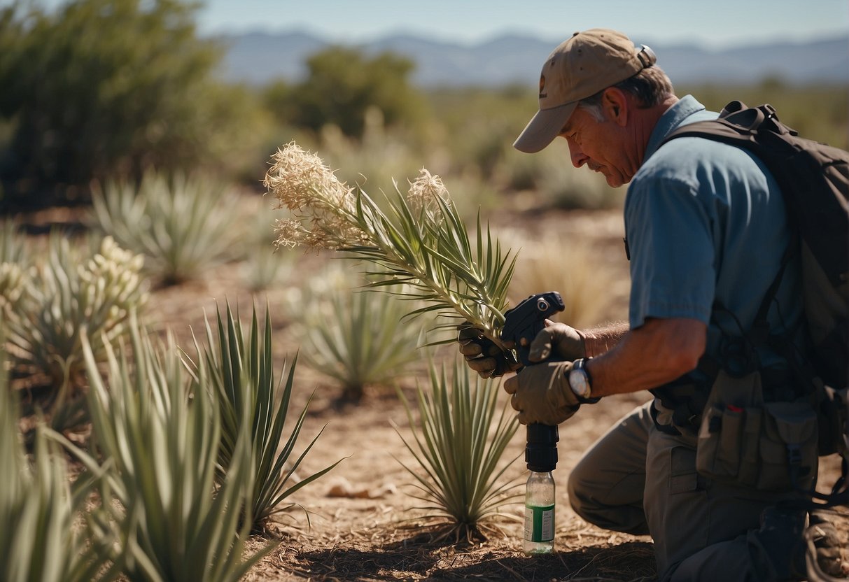 A person spraying herbicide on yucca plants, with wilted and dying plants in the background