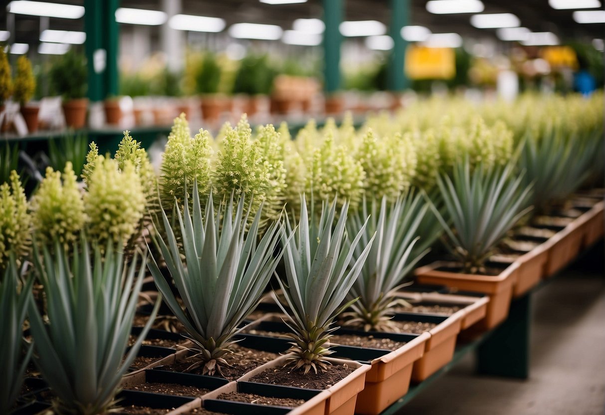 A garden center with rows of yucca plants in various sizes and colors, displayed on shelves and tables with price tags