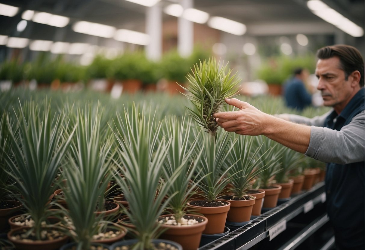 A customer carefully selects a healthy yucca plant from a row of potted options at a garden center
