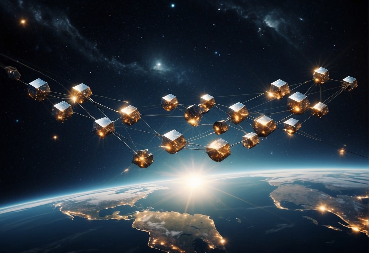 High-Speed Space Internet - A constellation of sleek satellites orbiting Earth, beaming high-speed internet signals across the cosmos