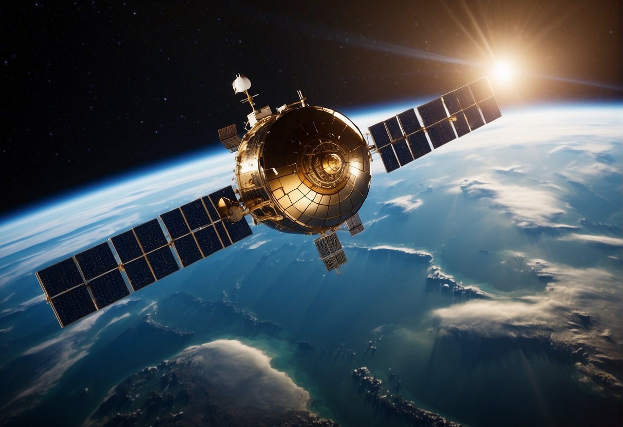A satellite orbiting Earth beams high-speed internet signals to a network of devices below, connecting people across the globe