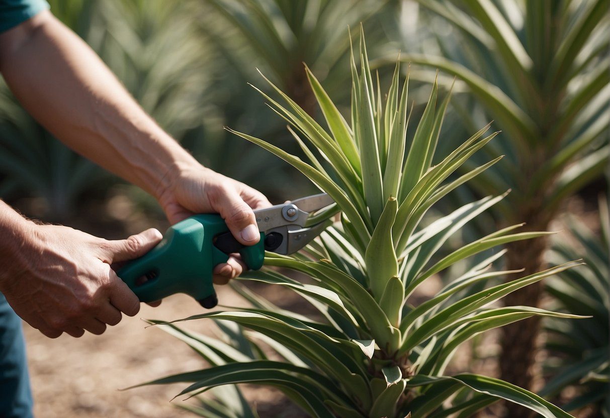 Yucca plants being trimmed in the spring, with pruning shears cutting back the overgrown leaves and stems