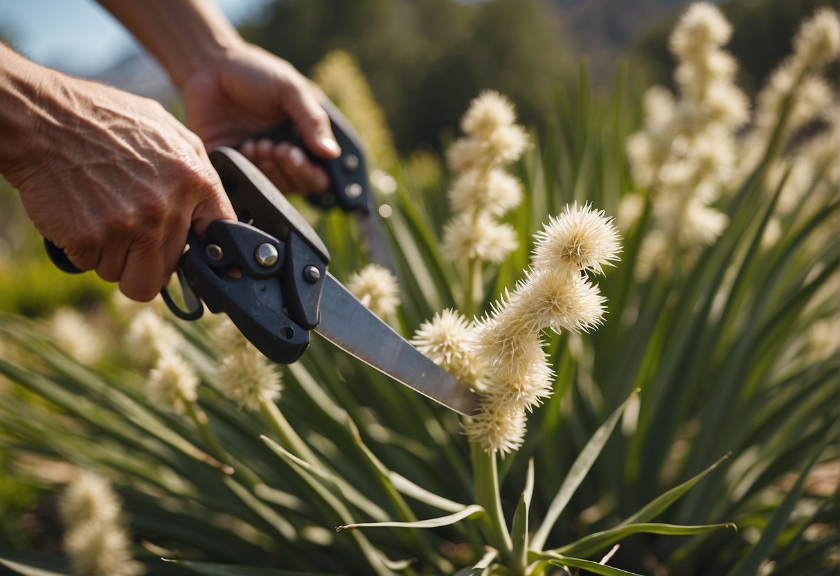 A pair of pruning shears cutting back yucca plants in a sunny spring garden