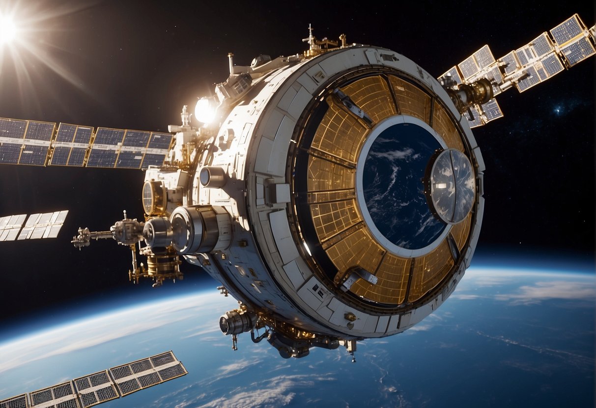 Multiple space station modules connected in orbit, each bearing the logo of its respective international space agency