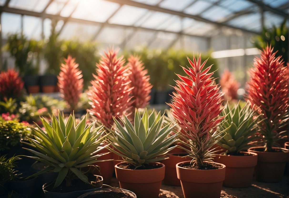 A garden center with rows of vibrant red yucca plants displayed in pots and labeled for sale. Sunlight filters through the greenhouse, casting a warm glow on the plants