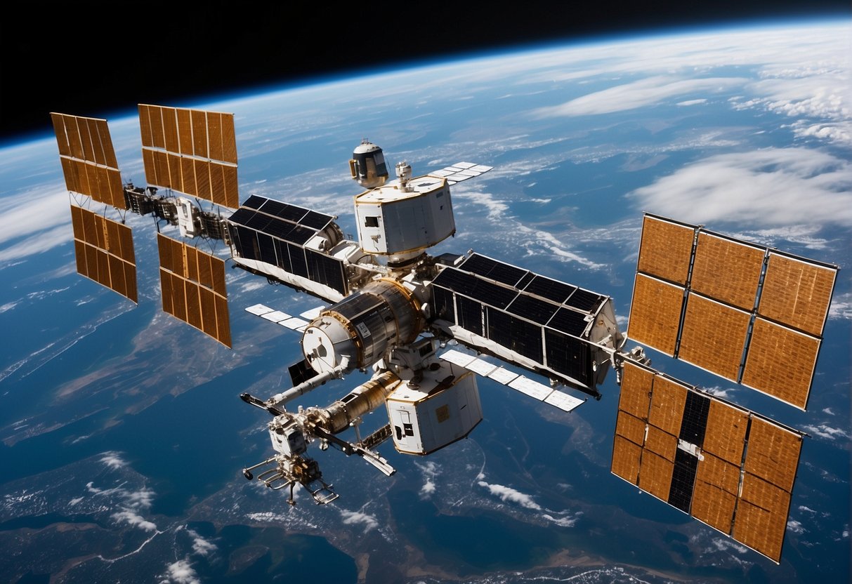 The ISS modules float in space, connected by truss structures and solar arrays, showcasing international partner logos and supplier labels
