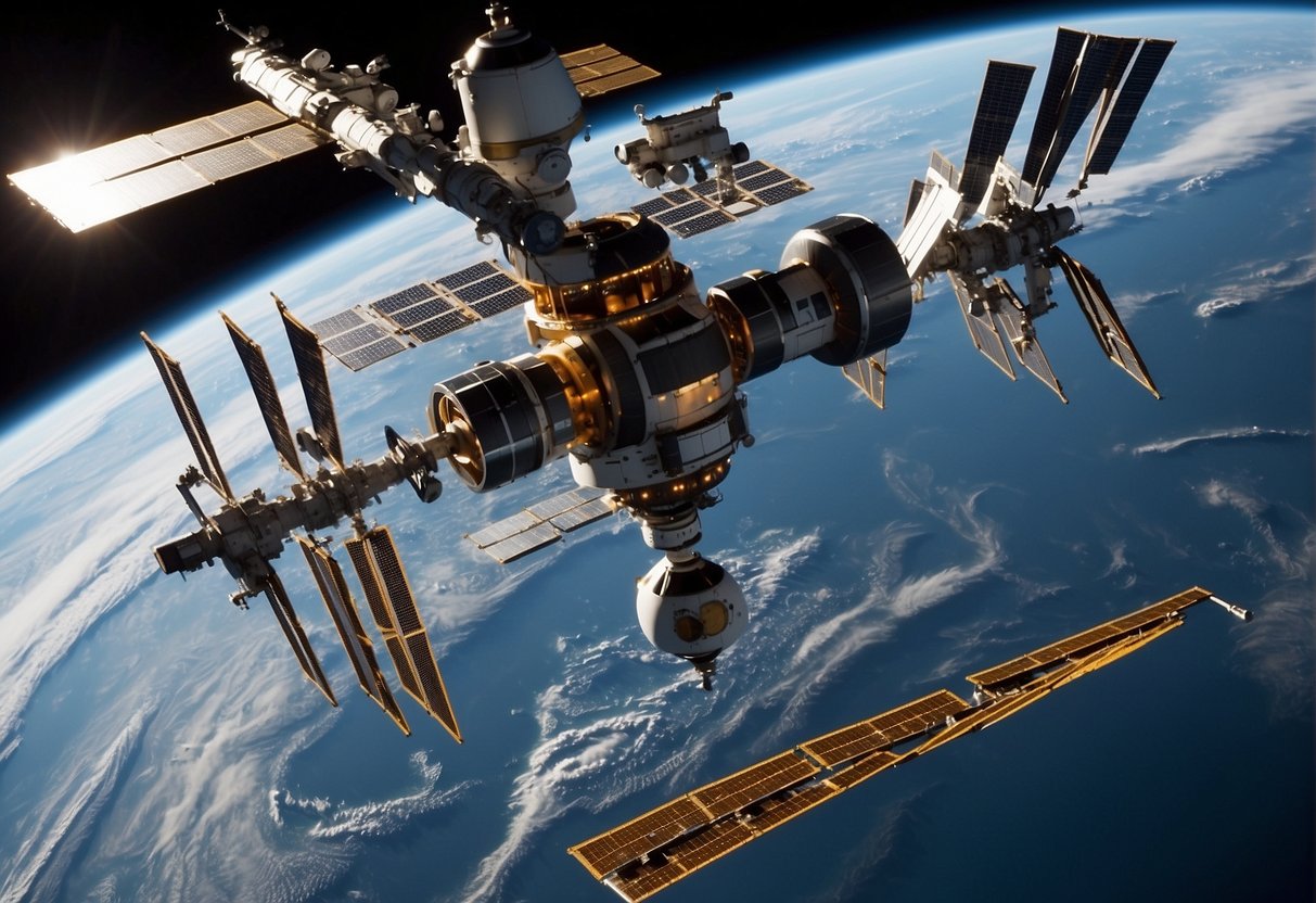 The ISS space station modules orbit Earth, showcasing international partners' contributions to human spaceflight. Solar panels and docking ports adorn the futuristic structure