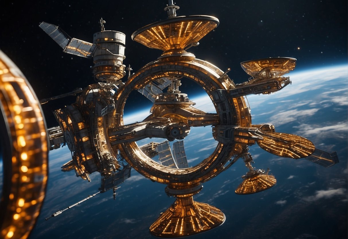 The space station modules from different international partners and suppliers are interconnected in a complex web, forming a unique and innovative structure in outer space